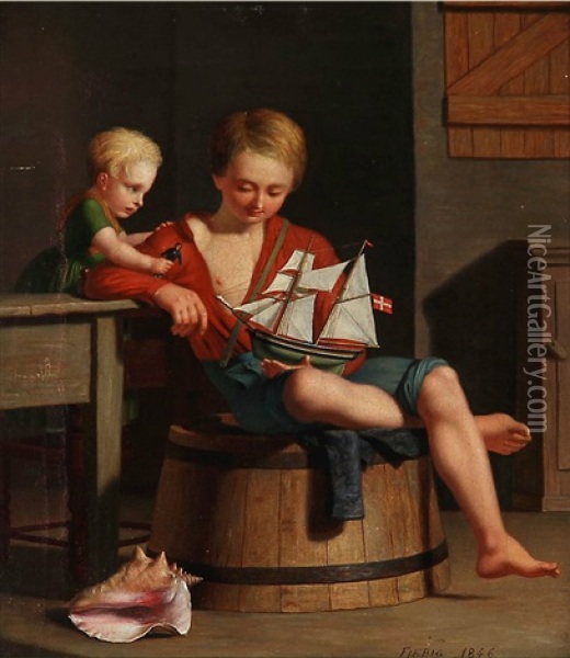 The Young Shipowner - A Sailor's Children With Their Toys Oil Painting - Carl Rudolf Fiebig