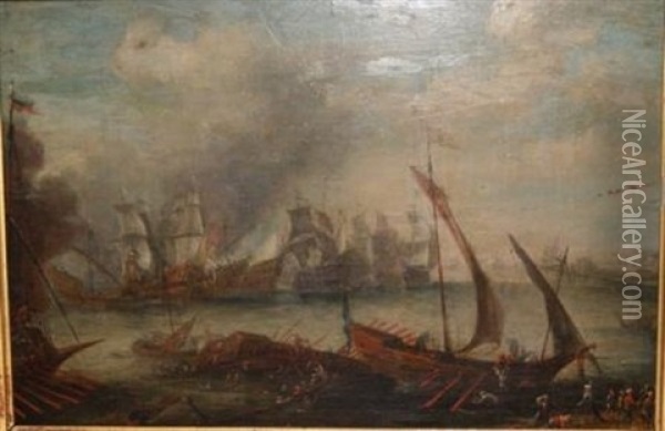 Combat Maritime Oil Painting - Jean Baptiste de la Rose