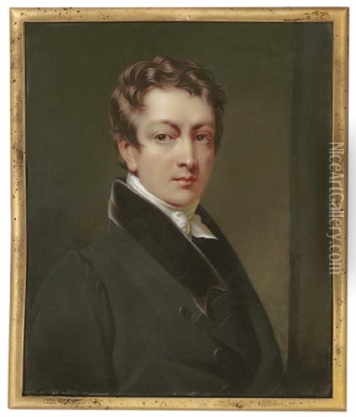 A Young Gentleman, In Black Coat With Black Buttons, Velvet Collar And White Knotted Cravat Oil Painting - Henry-Pierce Bone