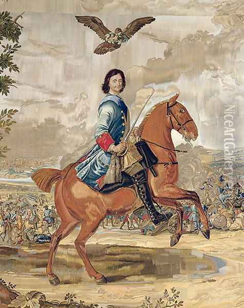 Peter I 1672-1725 the Great Triumphing Over the Defeated Swedish Army at Poltava in 1709 Oil Painting - Anonymous Artist