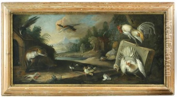 A Magpie Alarmed By A Fox, With Domestic Poultry And An Extensive Landscape Beyond Oil Painting - Marmaduke Cradock