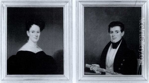 Daniel A. Prentice In Gold-buttoned Black Frock    Coat Holding A Flute & Mary P. Prentice In Black Dress Oil Painting - James Sullivan Lincoln