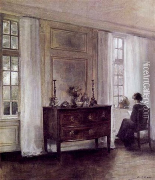 Interior Med Laesende Kvinde Ved Vinduet Oil Painting - Carl Vilhelm Holsoe