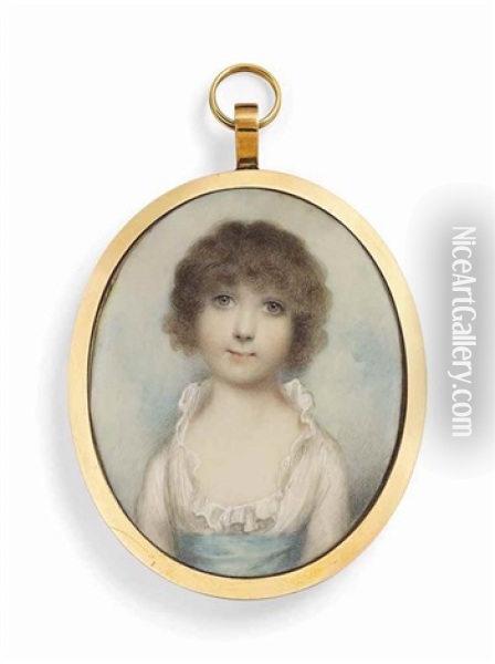 The Hon. Charlotte Shore, As A Child, In White Dress With Frilled Collar And Blue Sash At Waist Oil Painting - Andrew Plimer