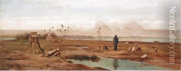 Camels And Goatherd At The Pyramids At Gizeh Oil Painting - Frederick Goodall