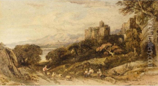 Shepherd On A Path Near A Castle Oil Painting - John Varley