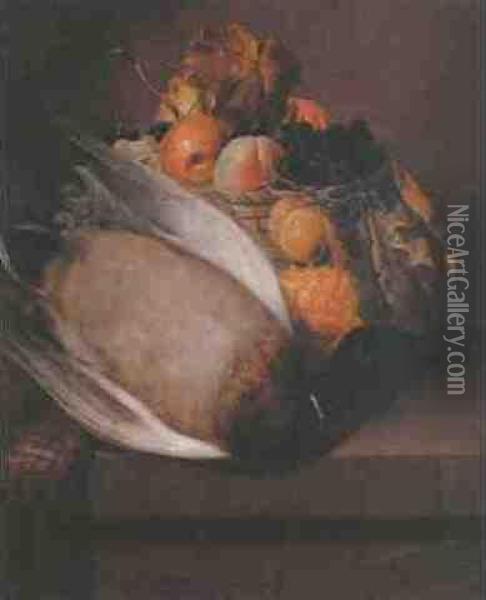 Still Life Of A Basket Of Fruit And Dead Game On A Ledge Oil Painting - James Ward