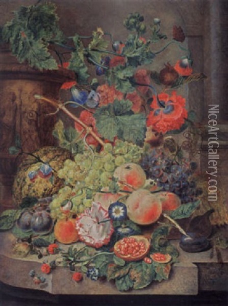 A Still Life With Grapes, Peaches, Prunes, A Melon, A Pomegranate, Raspberries, Together With Morning Glory And Other Flowers And Insects On A Marble Ledge Oil Painting - Wybrand Hendriks