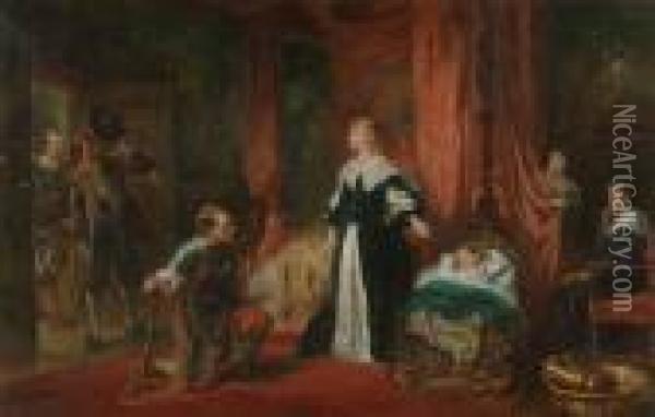 'news Of The King's Death - 
Brought To Queen Henrietta Maria In Paris. Princess Henrietta Is Asleep 
Whilst The New King Charles Ii Hides Behind The Curtain' Oil Painting - Robert Alexander Hillingford