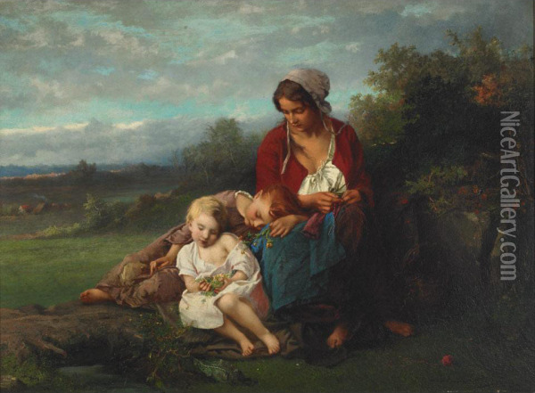 Mother And Children Resting In A Field Oil Painting - Henry Campotosto
