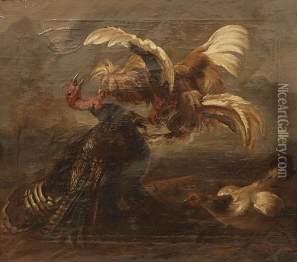Der Hahnenkampf Oil Painting - Melchior de Hondecoeter
