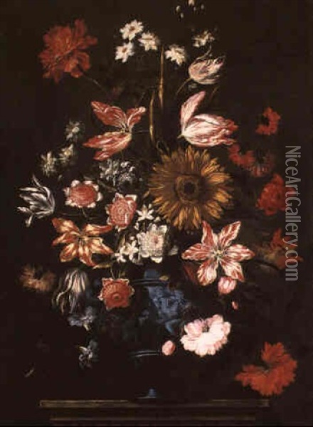 Still Life Of Flowers In A Bluestone Vase On A Pedestal Oil Painting - Juan De Arellano