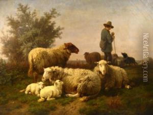 Sheep And Herder Oil Painting - Cornelis van Leemputten