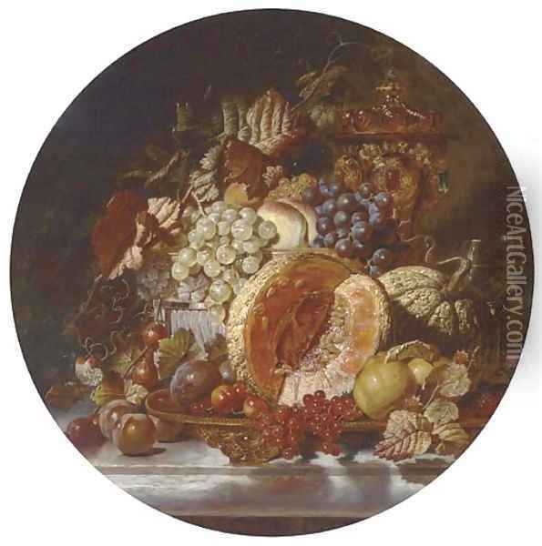 Grapes, cherries, plums, gooseberries and melons on a silver platter with a bejewelled cup and cover on a ledge Oil Painting - George Lance