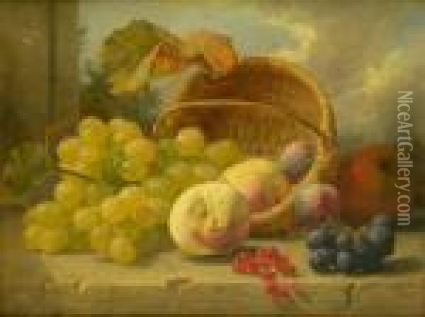 Still Life, Red And White 
Grapes, Peaches, Apple, Plums,red Currants And Rush Basket On A Stone 
Ledge Oil Painting - Eloise Harriet Stannard