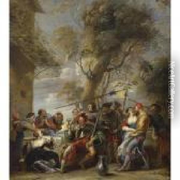 Bandits Assaulting A Group Of Peasants Outside An Inn Oil Painting - Willem Van Herp