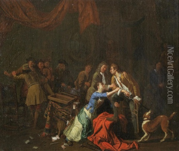 Elegant Figures Dining And Merrymaking In An Interior; And An Elegant Interior With Women And Soldiers Carousing (2 Works) Oil Painting - Pieter Angillis