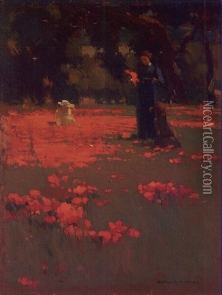 Woman And Children Picking Poppies In Landscape Oil Painting - Arthur Frank Mathews