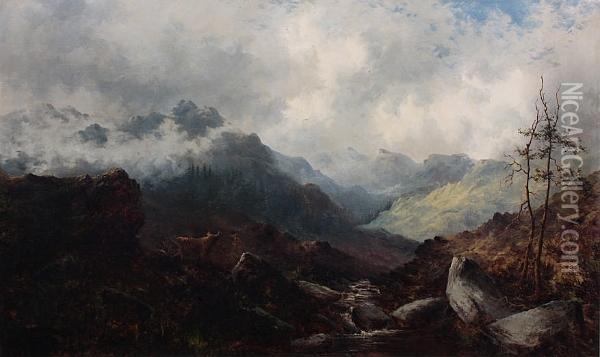 Cattle In A Highland Landscape At Sunrise; Highland Landscape At Sunset Oil Painting - Samuel John Barnes