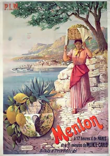 Travel poster advertising the Paris-Lyon-Mediterranee train line and holidays in Menton on the Cote d'Azur Oil Painting - Hugo d' Alesi