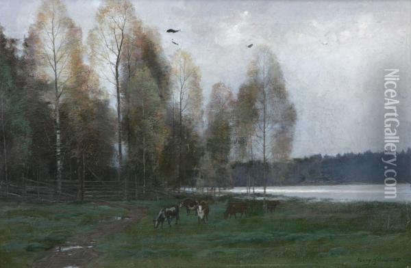 Landskap Med Betande Kor Oil Painting - Fanny Hjelm