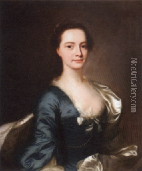 Portrait Of A Lady In A Blue Dress Oil Painting - Joseph Highmore