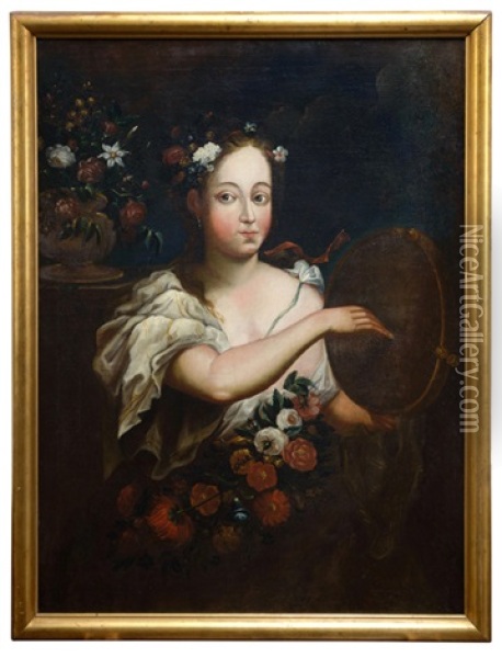 Junges Madchen Mit Blumen Und Tambourin Als Allegorie Des Fruhlings Oil Painting - Johann Baptist Bommer