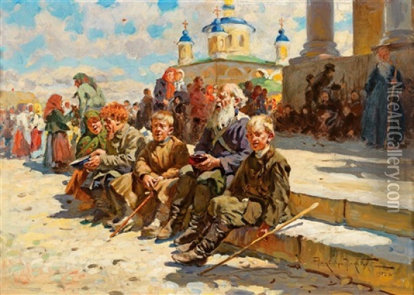 Outside The Church Oil Painting - Alexandr Vladimirovich Makovsky