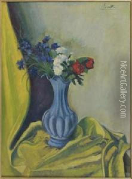 Vase De Fleurs Au Rideau Jaune Oil Painting - Andre Utter