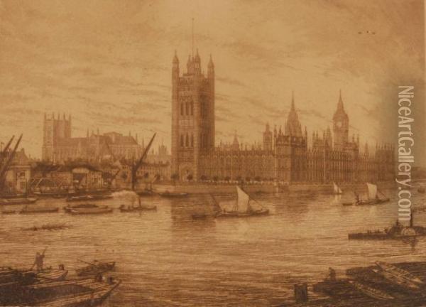 Thames Scenes At Westminster And St. Paul's Oil Painting - Walter William Burgess