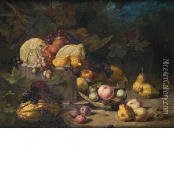 Still Life Of Fruit Tumbling From A Wood Bowl Oil Painting - S. Schwing