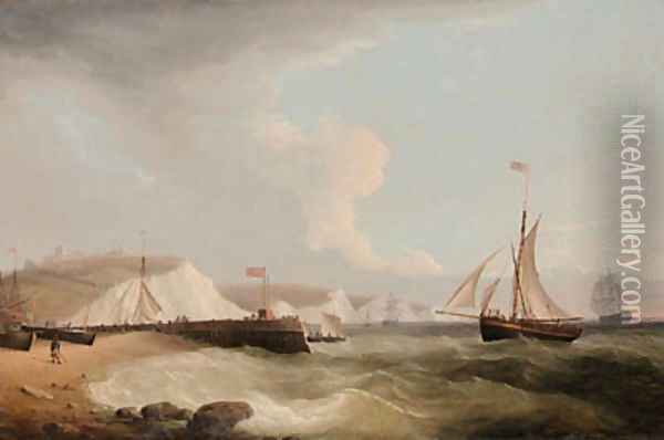 A Mail-Cutter, men-o'-war and other vessels below Dover Castle Oil Painting - Thomas Whitcombe