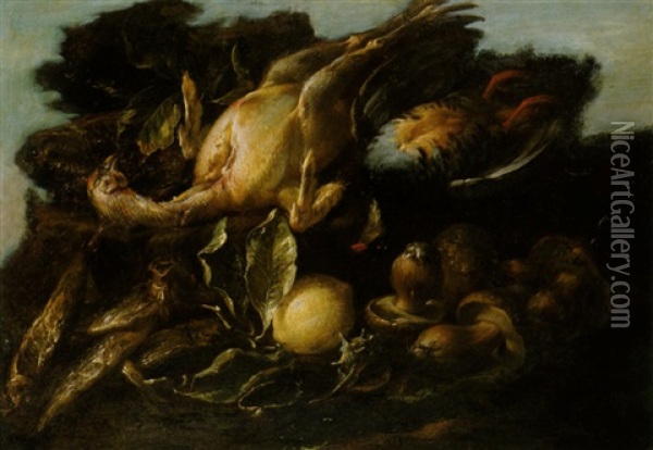 Natura Morta Con Tacchino Strappato, Pesci E Funghi Oil Painting - Giuseppe Recco