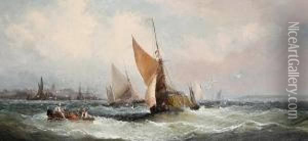 Fishing Boats On A Breezy Day Off A Coastaltown Oil Painting - Charles Thorneley