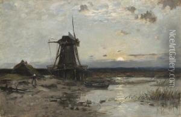 Hollandische Landschaft Mit
 Windmuhle. Oil Painting - Konrad Mueller-Kuerzwelly