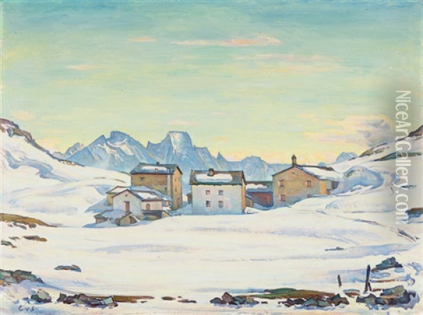 Engadiner Landschaft Im Winter - Blick Auf Die Alp Blaunca Mit Der Bondasca-gruppe Im Hintergrund Oil Painting - Carl Albert Von Salis-Soglio