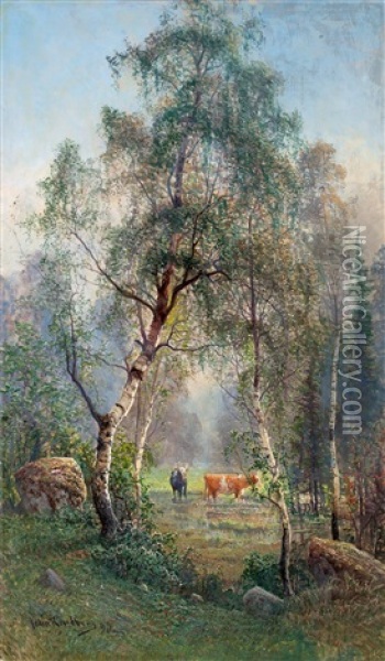 Sommarlandskap Med Kor Oil Painting - Johan Kindborg