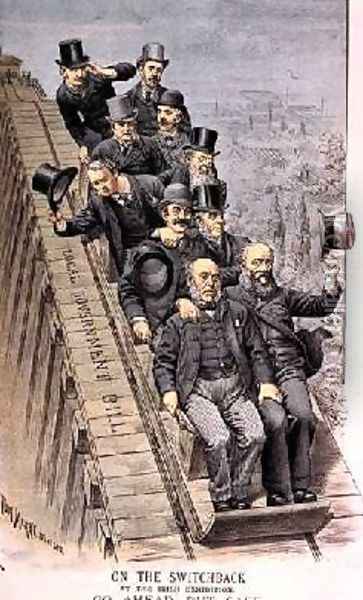On the Switchback At the Irish Exhibition Go Ahead but Safe from St Stephens Review Presentation Cartoon 16 June 1888 Oil Painting - Tom Merry