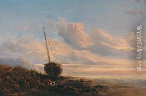 Unloading The Catch Oil Painting - Camille-Joseph-Etienne Roqueplan