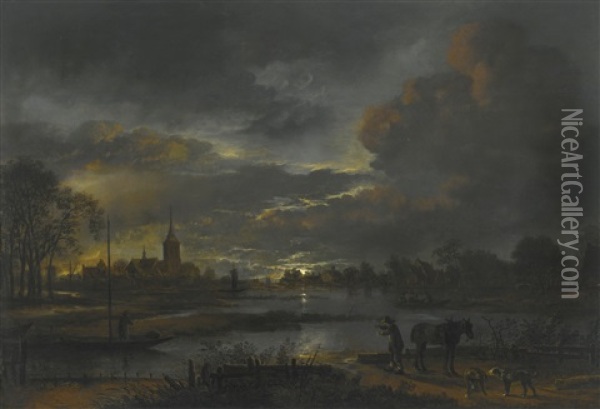 A Wide Moonlit River Landscape With Figures Fishing, A Village Beyond Oil Painting - Aert van der Neer