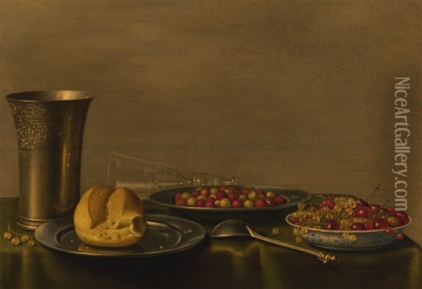 Still Life With An Engraved Silver Beaker And Spoon, A Bread Roll On A Pewter Plate, And Bowls Of Berries, With An Overturned Wineglass Oil Painting - Floris Gerritsz. van Schooten