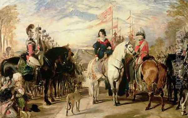 Queen Victoria and the Duke of Wellington reviewing the Life Guards Windsor Great Park in the distance Oil Painting - Sir Edwin Henry Landseer
