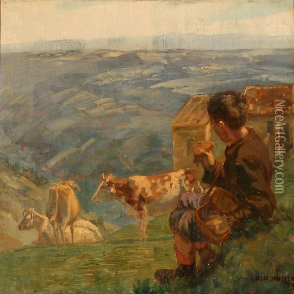 Mountain Landscapw With A Young Herdsman Eating Lunch While The Cattle Is Grazing Oil Painting - Luplau Janssen