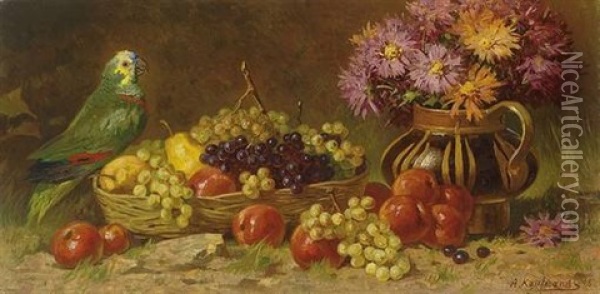 Fruchtestilleben Mit Papagei Und Blumenstraus Oil Painting - Adolf Kaufmann
