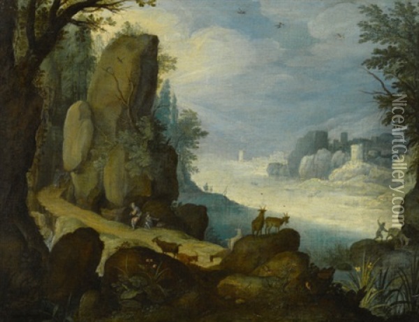 Rocky Landscape With Goats And Shepherds Oil Painting - Paul Bril