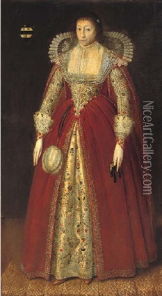 Portrait Of A Lady,(lady Style?) In A Red Dress With Elaborately Embroidered Under-skirt And Lace Collar And Cuffs, Holding A Prayer Book In Her Left Hand Oil Painting - Robert Peake the Elder
