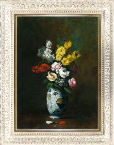 Bunter Blumenstraus Mit Rosen In Porzellanvase Vor Dunklem Hintergrund Oil Painting - Germain Theodure Clement Ribot
