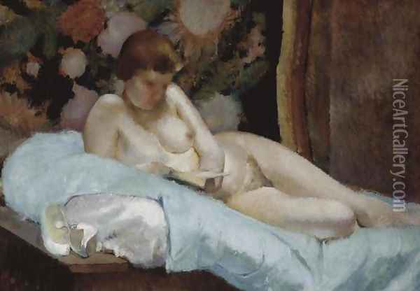 Reclining Nude Reading Oil Painting - Stanislaw Szczepanski
