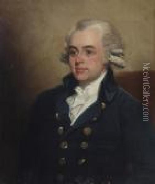 Portrait Of A Gentleman, Half-length, In A Dark Blue Coat And Cravat Oil Painting - Mather Brown
