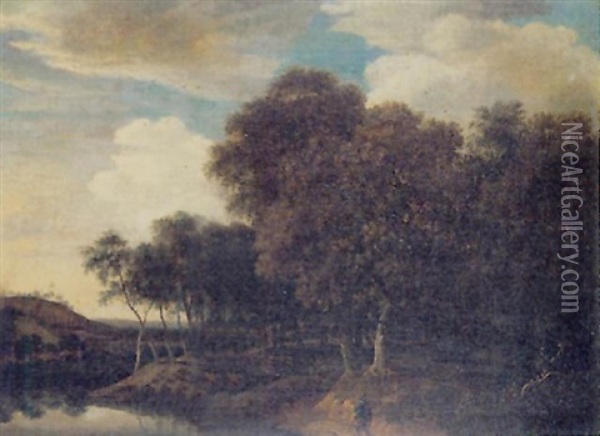 Promeneur Dans Un Paysage Boise Pres De La Riviere Oil Painting - Jacob van Ruysdael